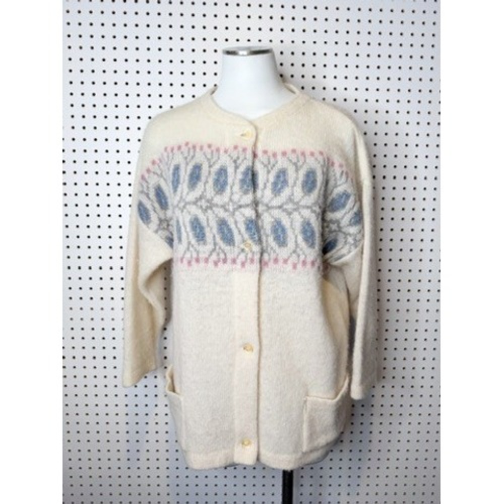 Vintage | ICEMART Icelandic Pure New Wool Fair Isle Cardigan Sweater,‎ Cream